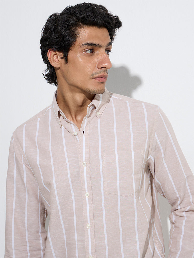 WES Casuals Beige Striped Relaxed-Fit Cotton-Blend Shirt