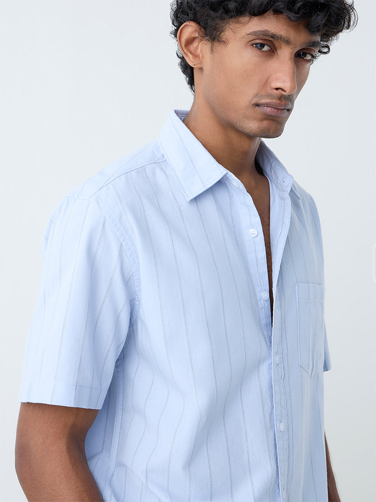 WES Casuals Blue Self-Striped Relaxed-Fit Cotton Shirt