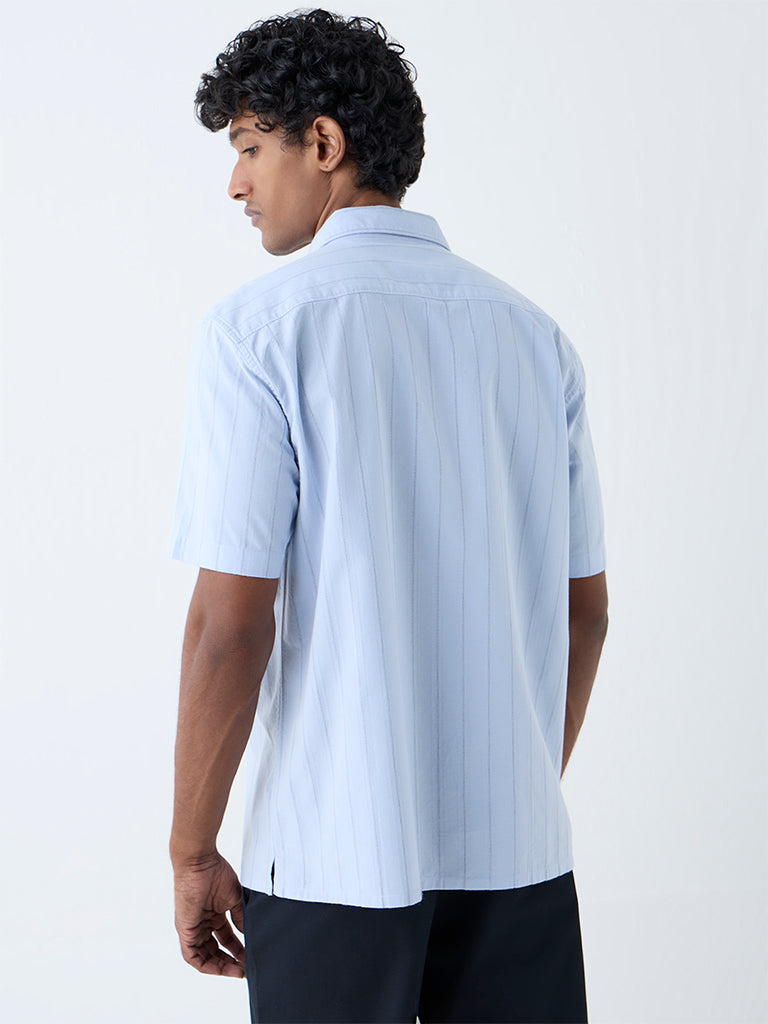 WES Casuals Blue Self-Striped Relaxed-Fit Cotton Shirt