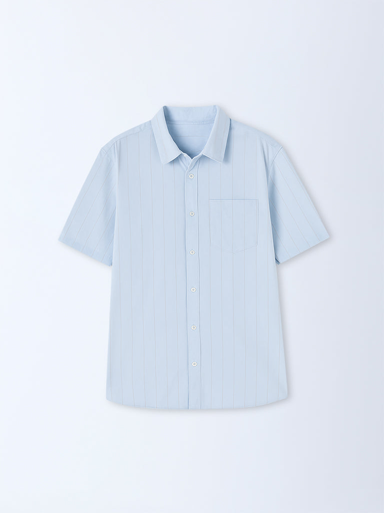 WES Casuals Blue Self-Striped Relaxed-Fit Cotton Shirt