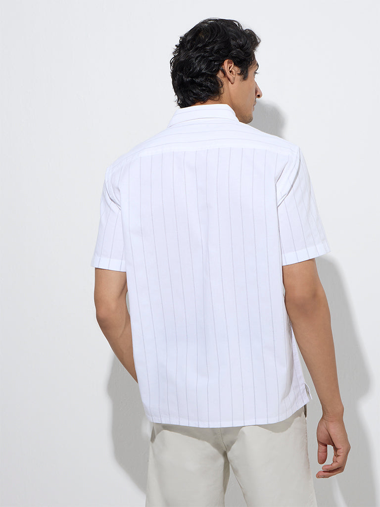 Westside WES Casuals Men's White Striped Relaxed-Fit Cotton Shirt for Casual Wear Back View