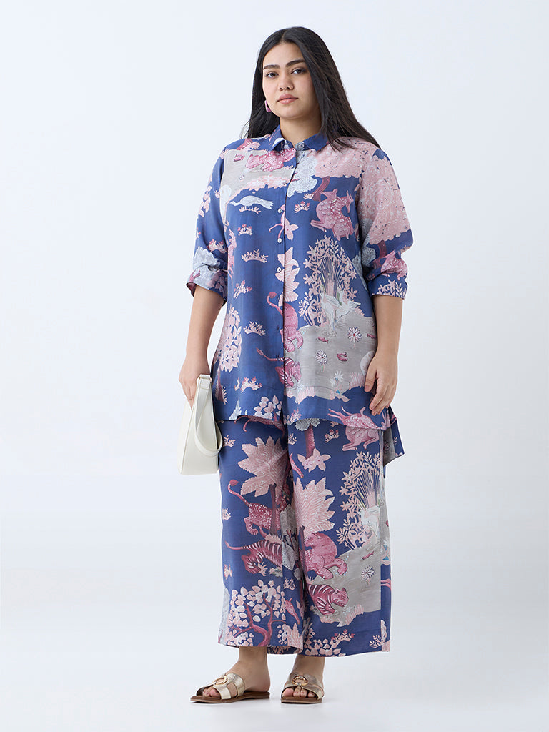 Westside Diza Women's Blue Forest-Themed High-Low Tunic for Work Wear Full View