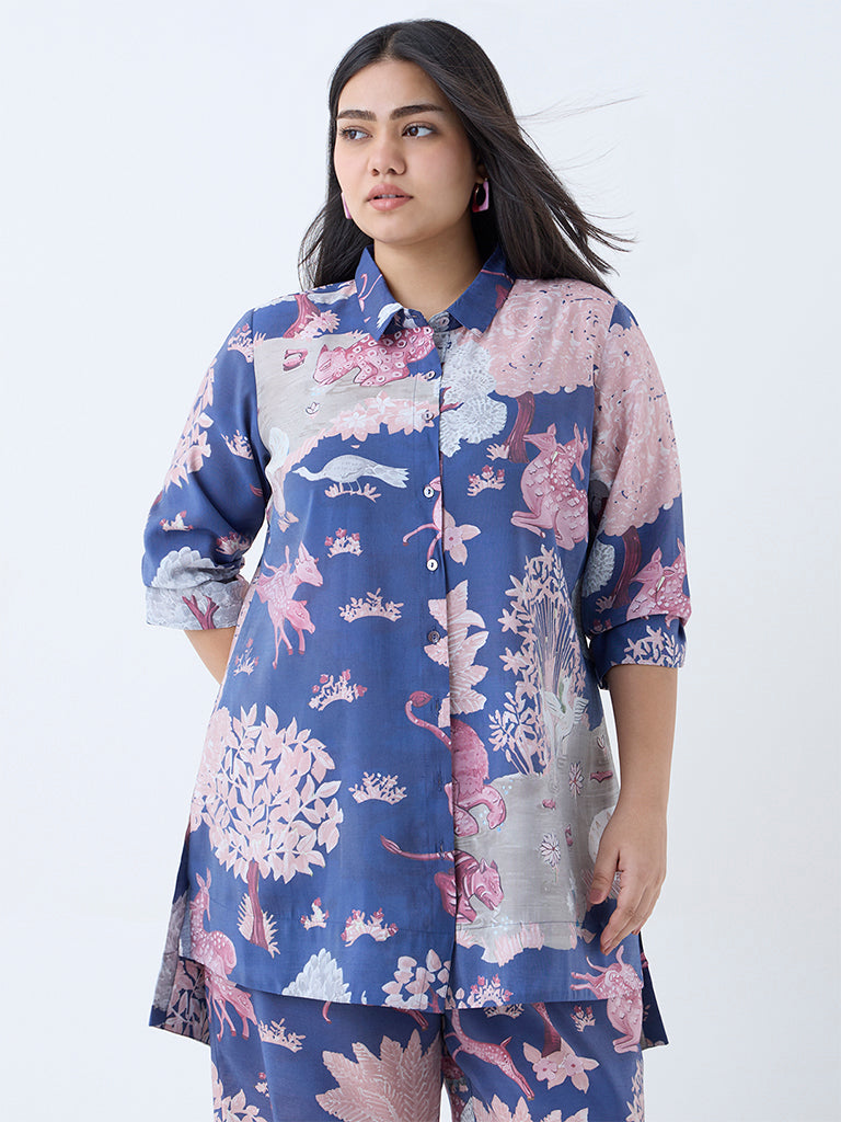 Westside Diza Women's Blue Forest-Themed High-Low Tunic for Work Wear Front view