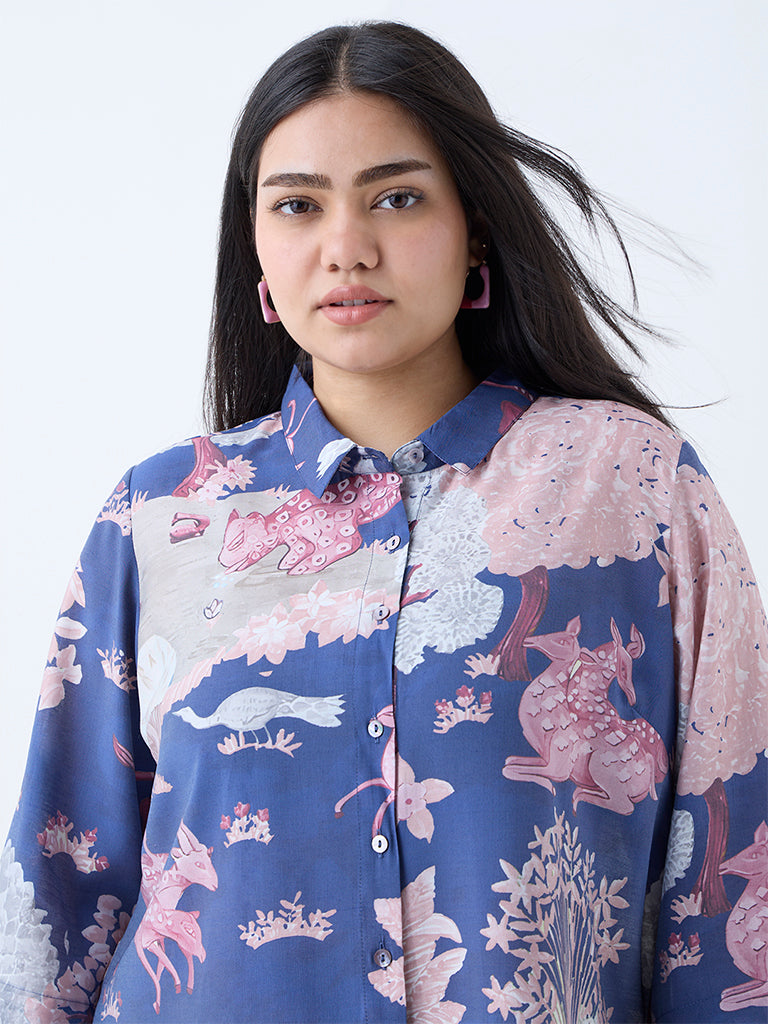 Westside Diza Women's Blue Forest-Themed High-Low Tunic for Work Wear Zoomed View