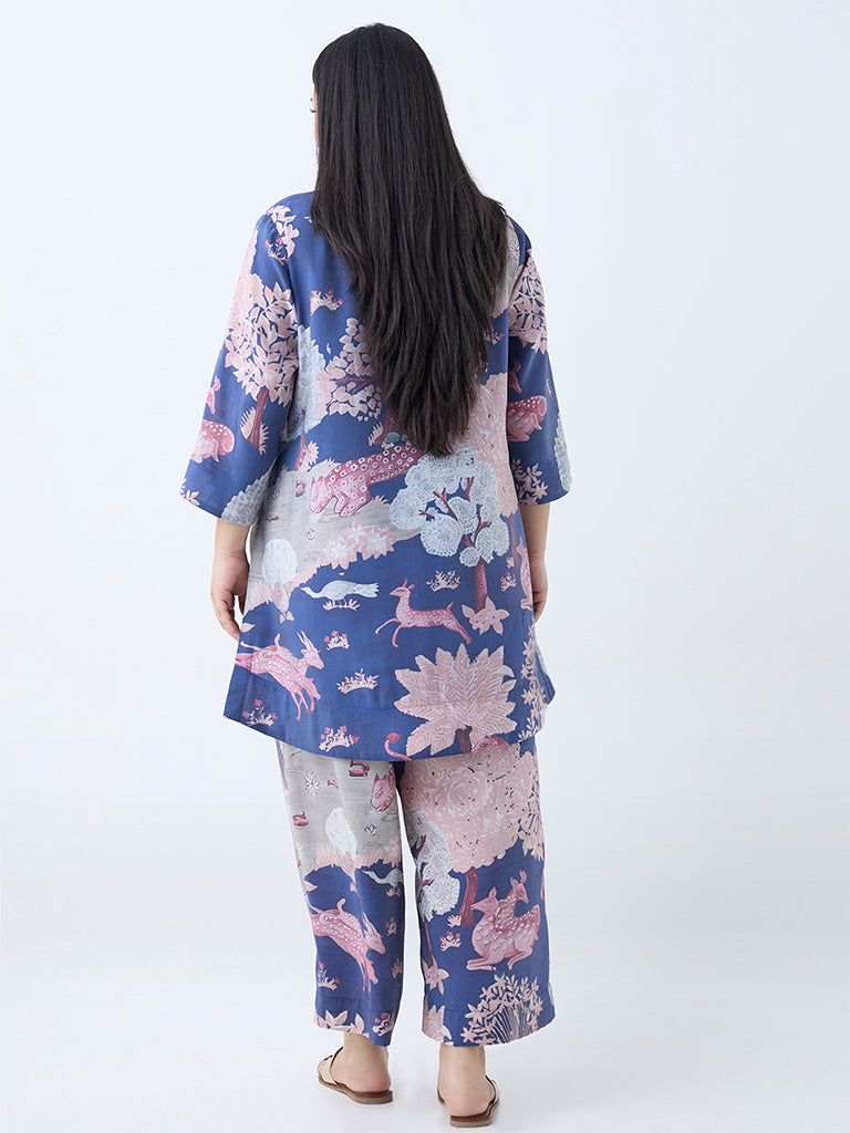 Westside Diza Women's Blue Forest-Themed High-Low Tunic for Work Wear Back View
