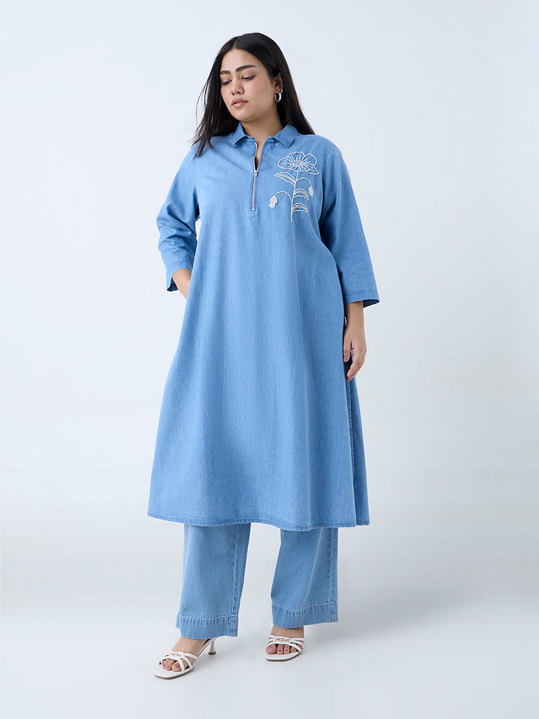 Buy Diza Blue Floral Embroidered Straight Denim Kurta from Westside