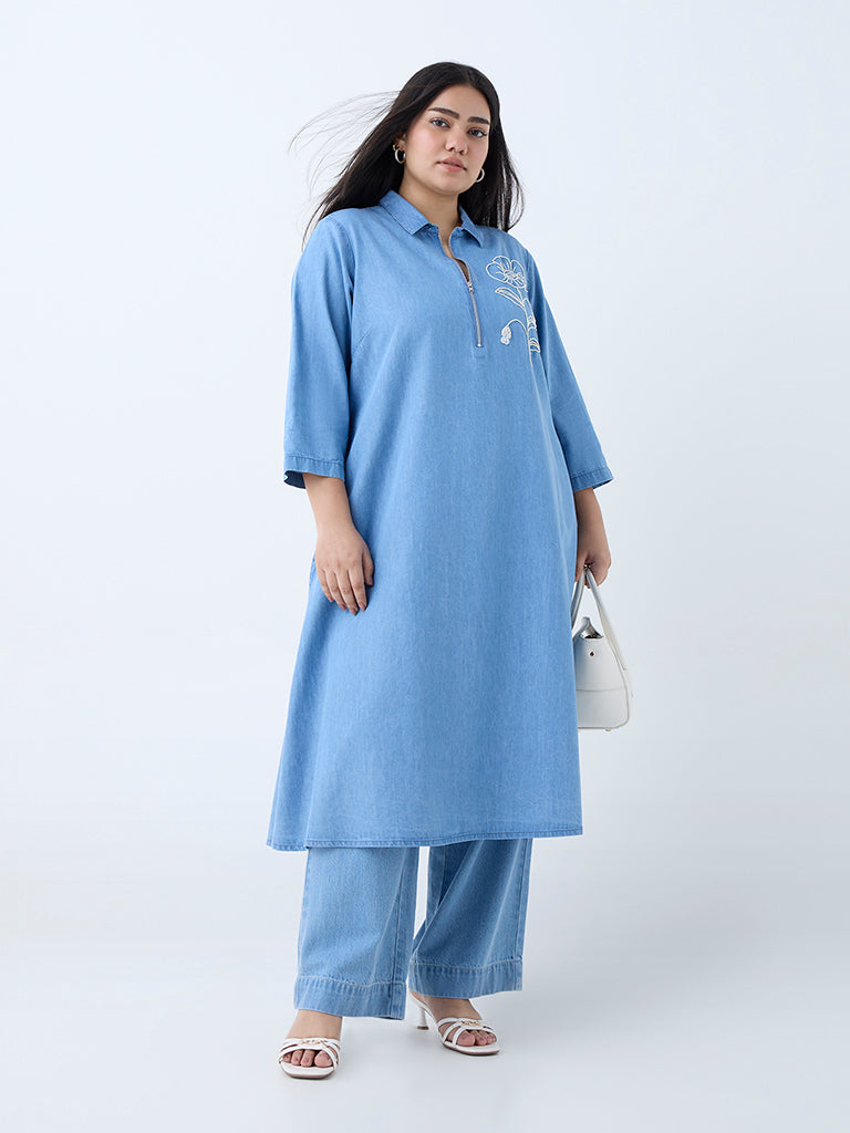 Diza Blue Floral Embroidered Straight Denim Kurta