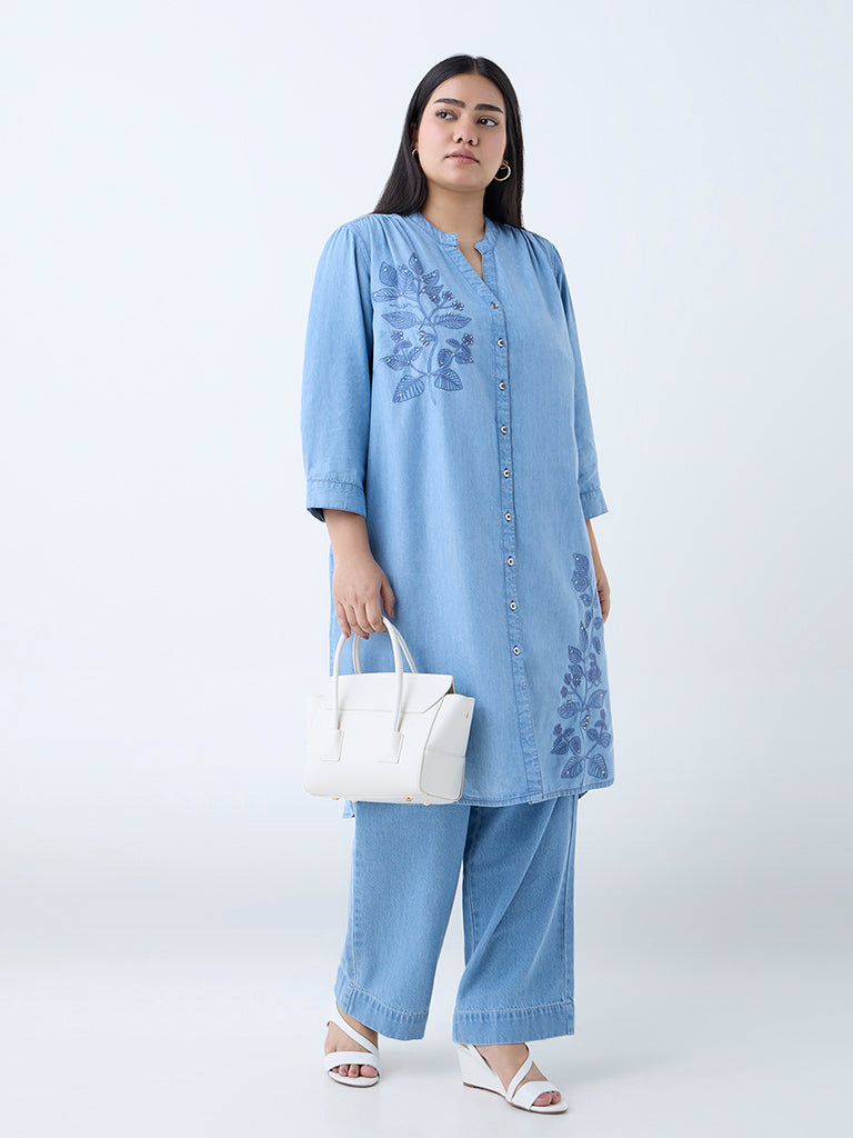 Diza Blue Floral Embroidered Straight Denim Kurta