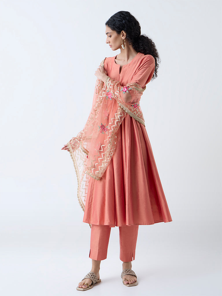 Westside Vark Women's Orange Anarkali Ethnic Set for Festive Wear Full View