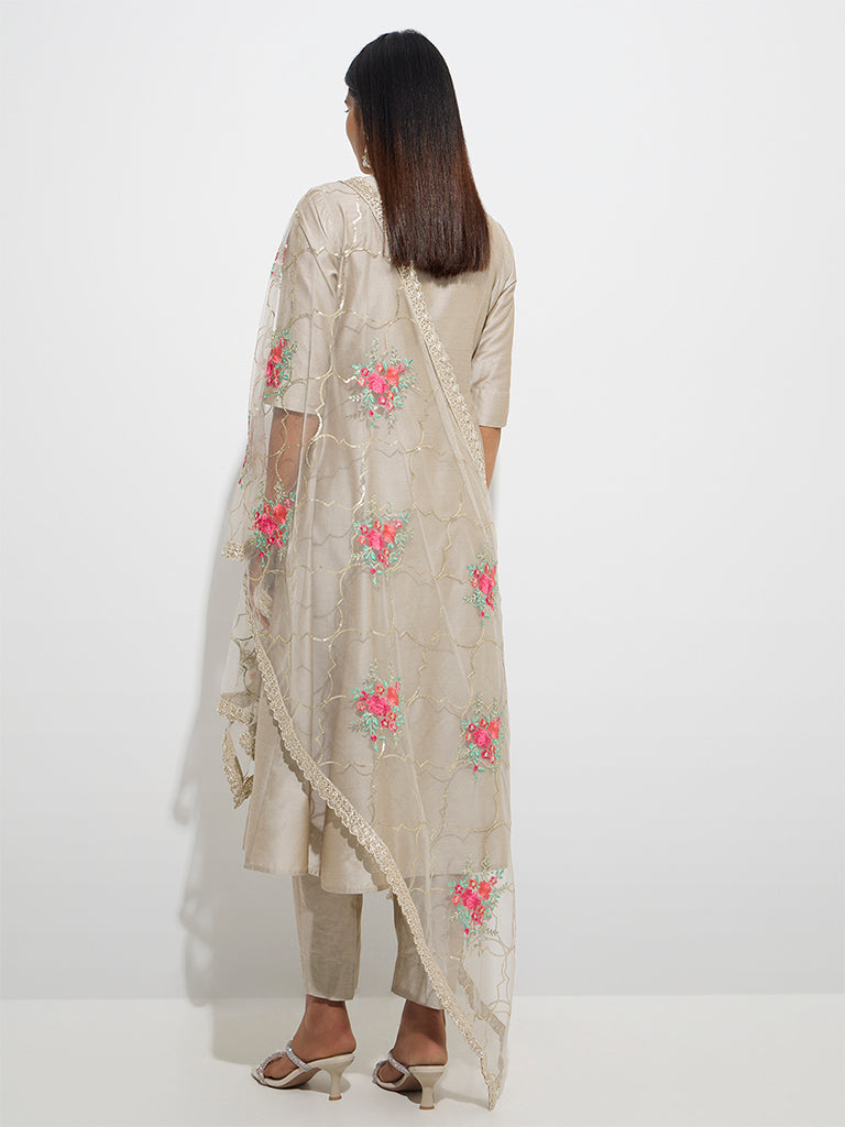 Westside Vark Women's Taupe Floral Detailed A-Line Ethnic Set for Festive Wear Back View
