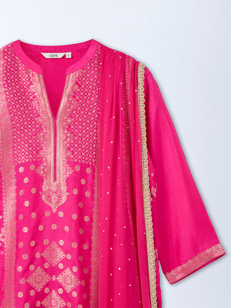 Vark Magenta Gold Embroidered A-Line Ethnic Set