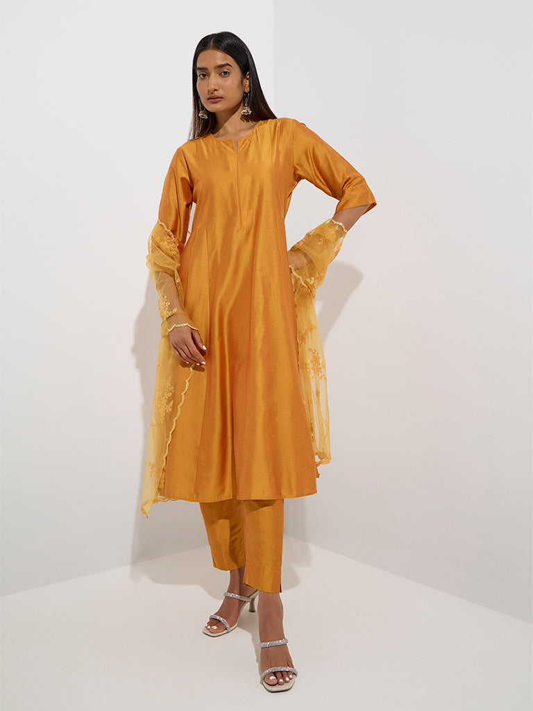 Westside Vark Women's Yellow Floral Embellished A-Line Ethnic Set for Festive Wear Full Model View