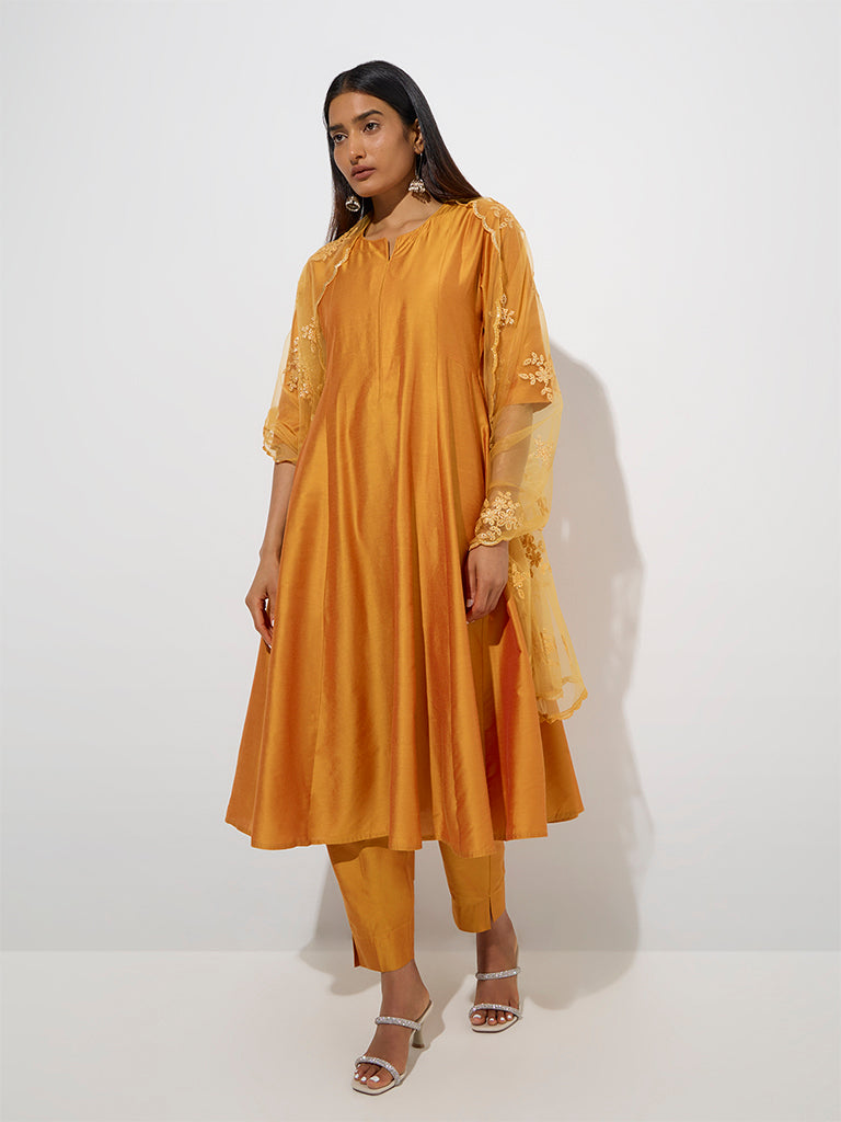 Westside Vark Women's Yellow Floral Embellished A-Line Ethnic Set for Festive Wear Front View