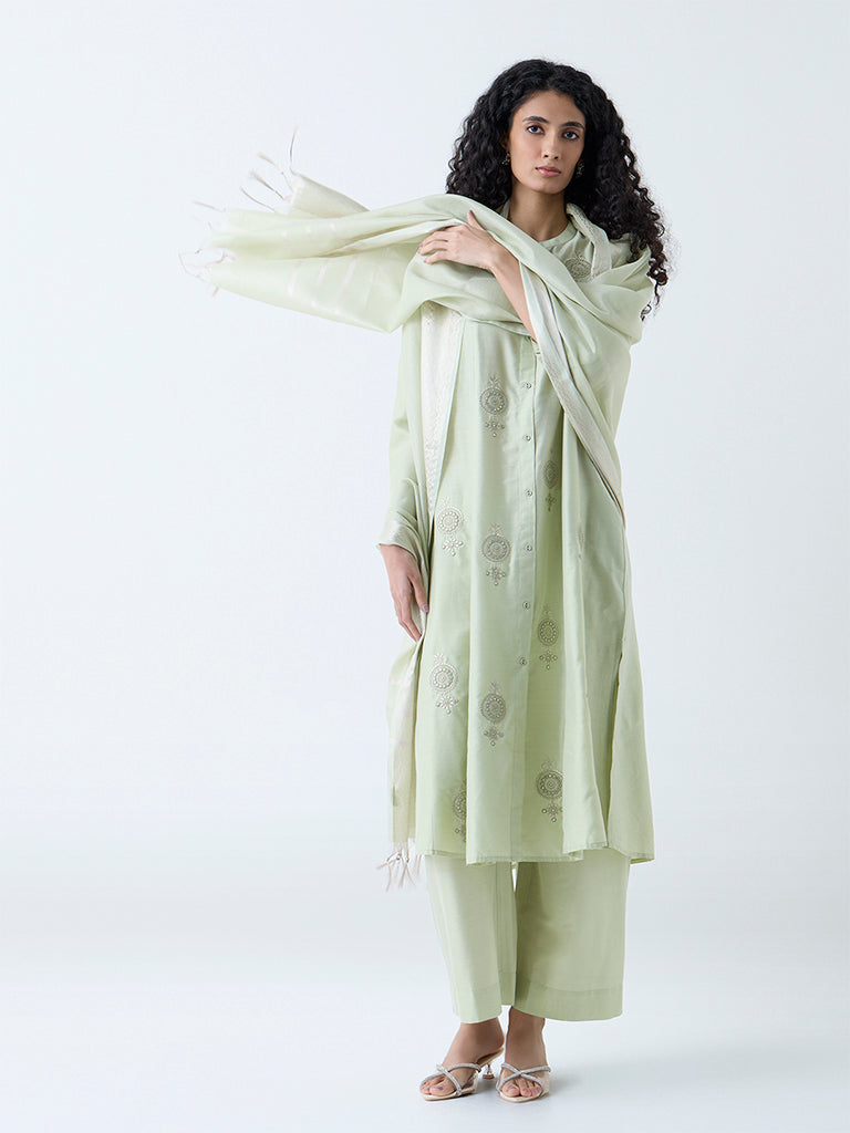 Westside Vark Women's Sage Embellished A-Line Ethnic Set for Festive Wear Front View