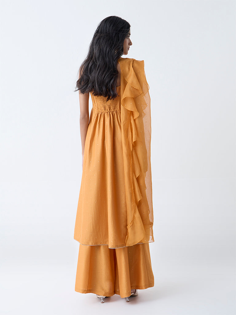 Westside Vark Women's Mustard Shimmer Detailed A-Line Ethnic Set for Festive Wear Back View