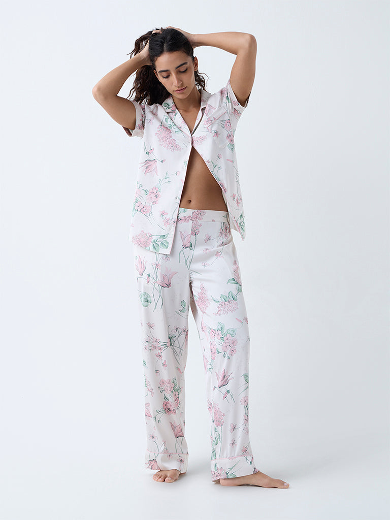 Wunderlove Off-White Floral Pattern Shirt and Pyjama Set
