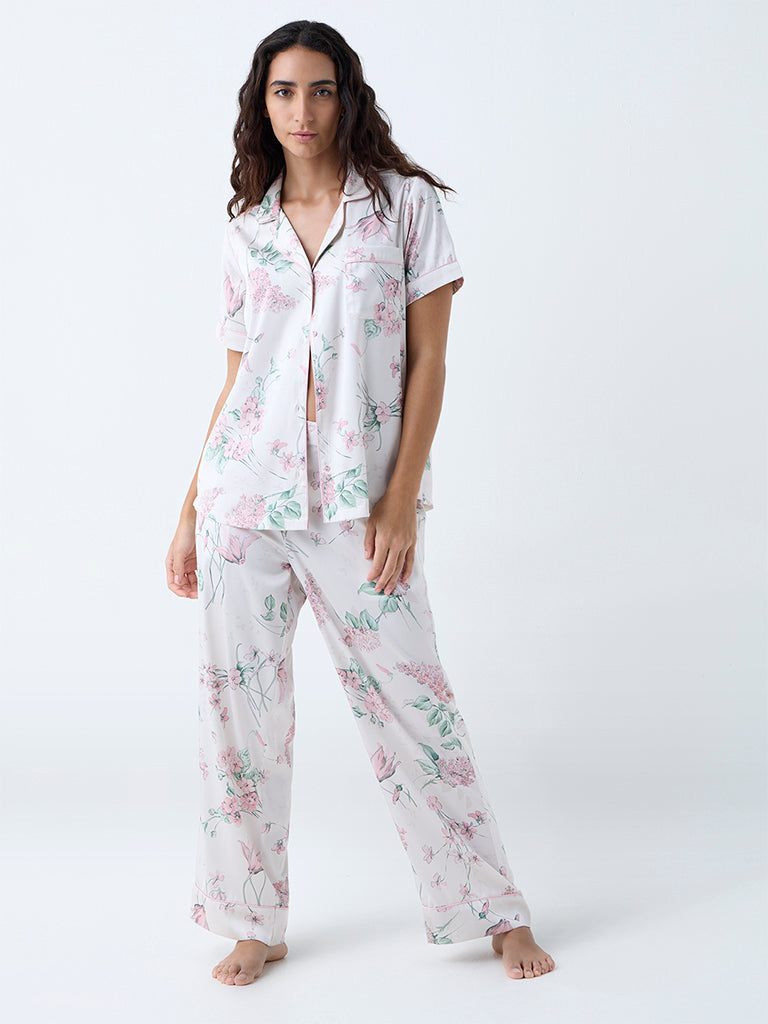 Wunderlove Off-White Floral Pattern Shirt and Pyjama Set