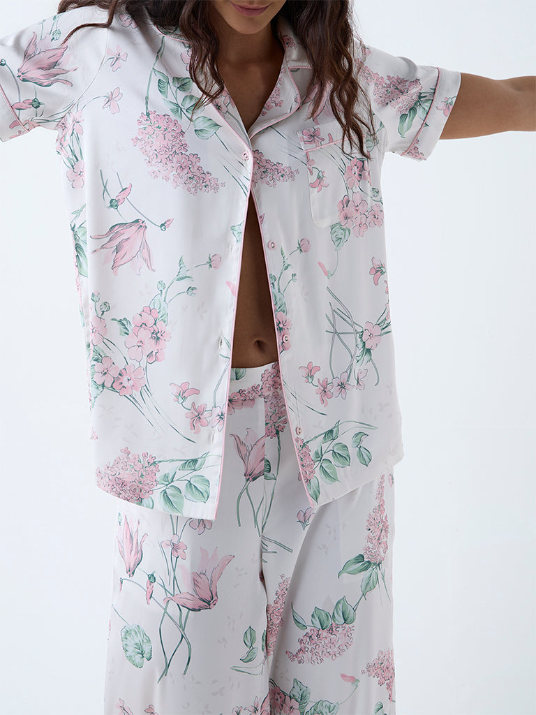 Wunderlove Off-White Floral Pattern Shirt and Pyjama Set