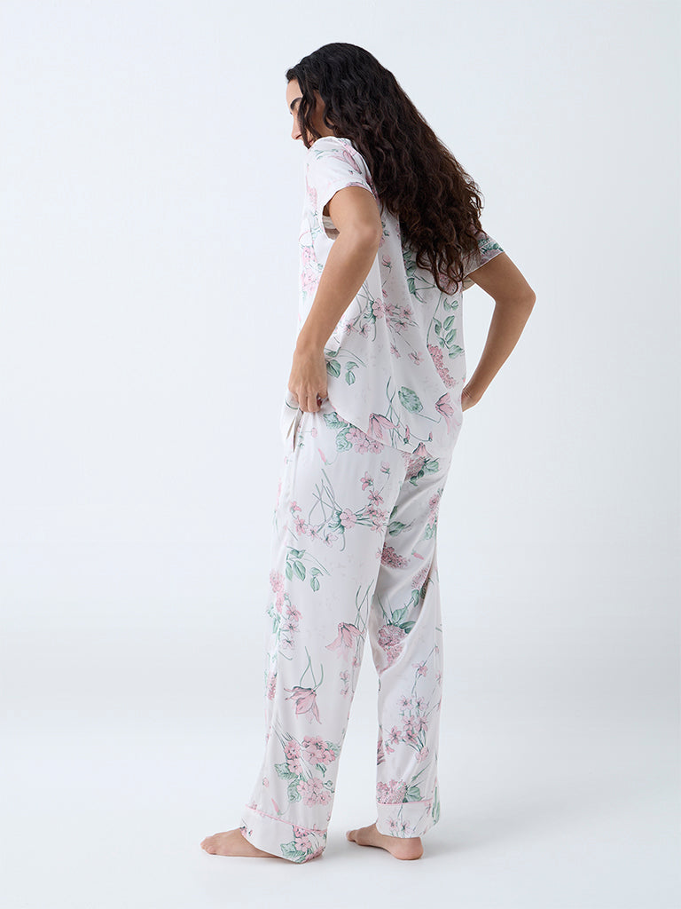 Wunderlove Off-White Floral Pattern Shirt and Pyjama Set