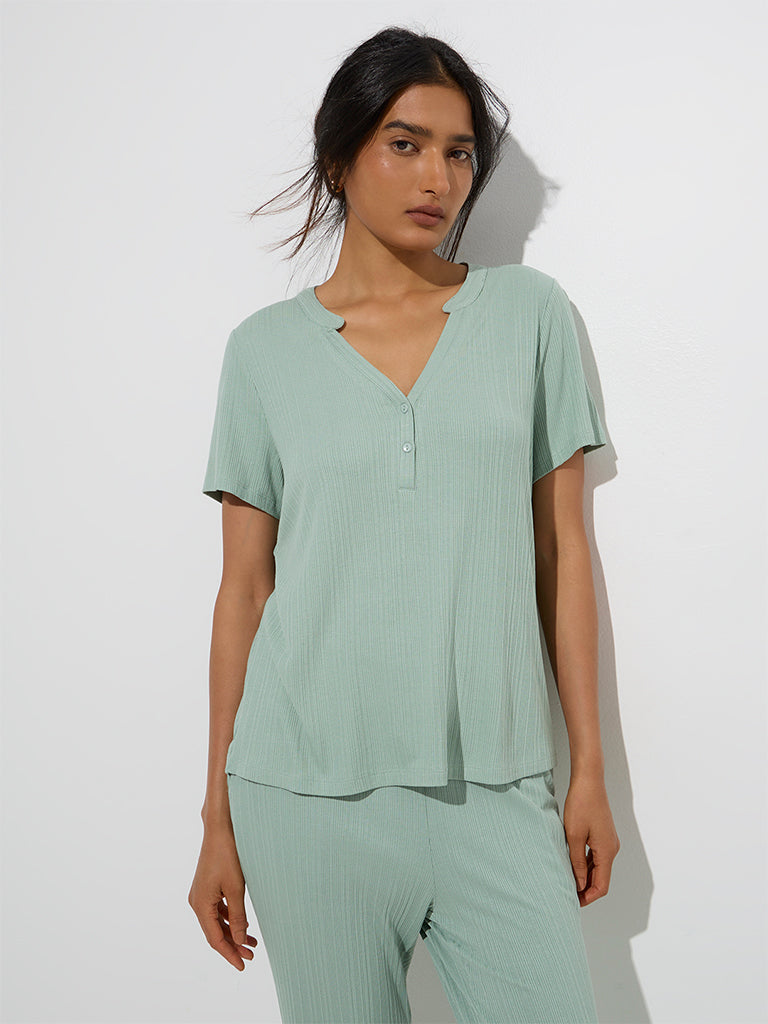Westside Wunderlove Women's Mint Ribbed-Textured Henley Top for Casual Wear Front View