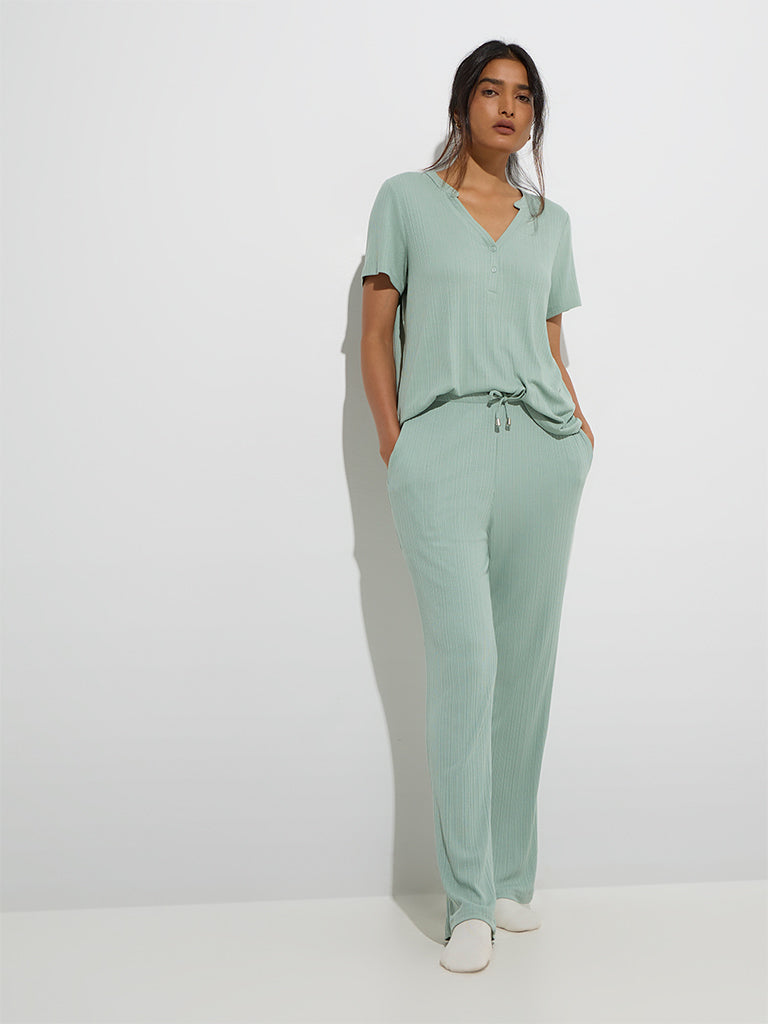 Westside Wunderlove Women's Mint Ribbed-Textured Henley Top for Casual Wear Full Model View