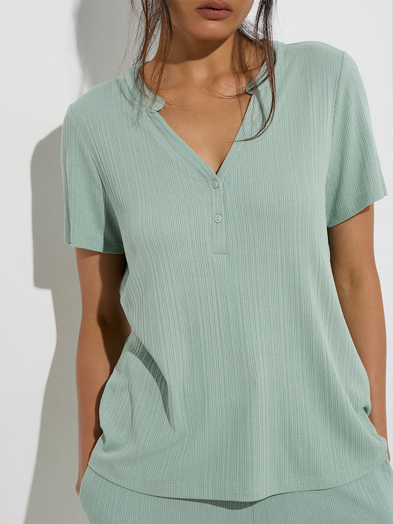 Westside Wunderlove Women's Mint Ribbed-Textured Henley Top for Casual Wear Zoom View
