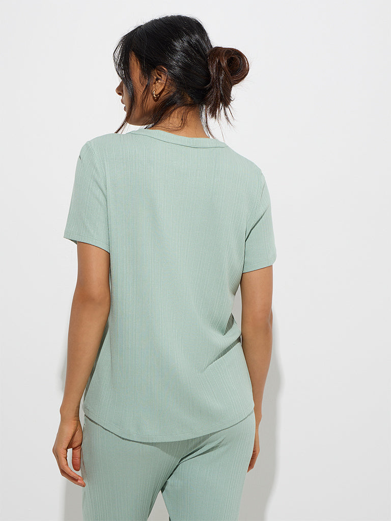 Westside Wunderlove Women's Mint Ribbed-Textured Henley Top for Casual Wear Back View