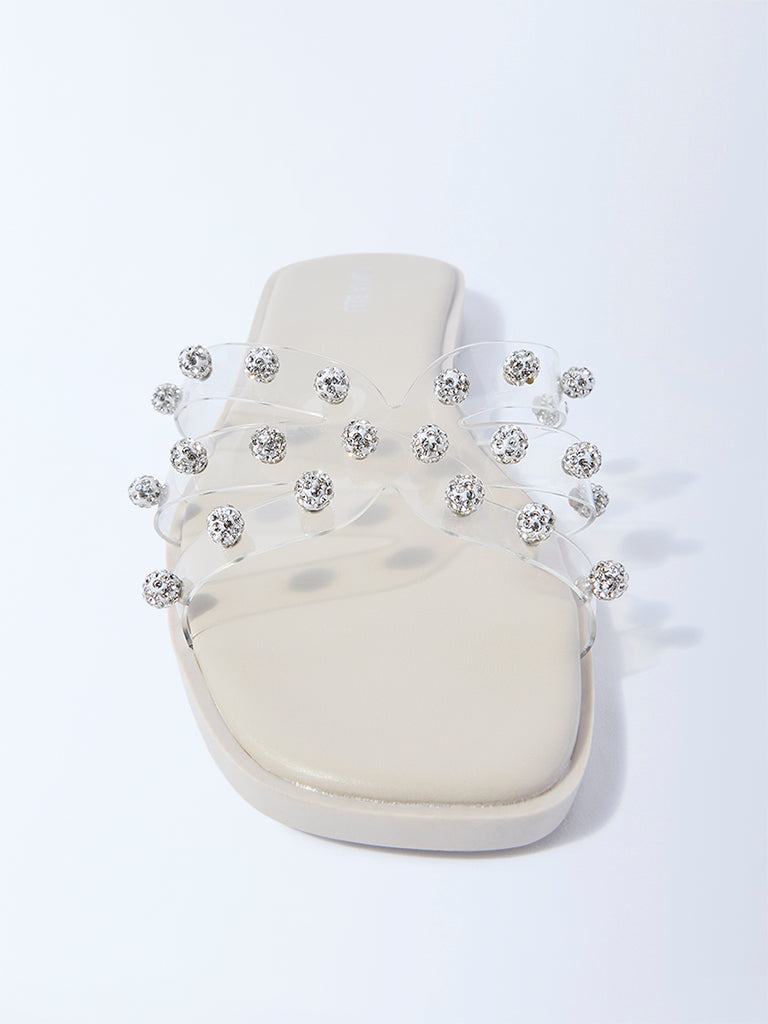 LUNA BLU Ivory Embellished Vinyl Slides
