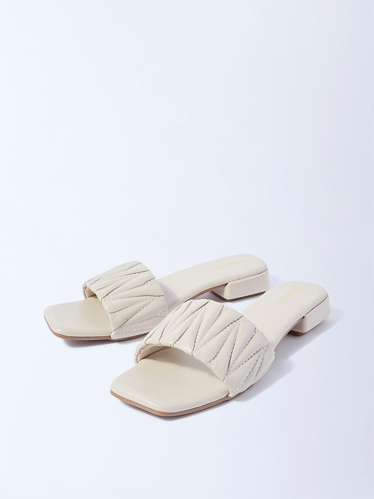 LUNA BLU Ivory Ruched Slip-On Sandals
