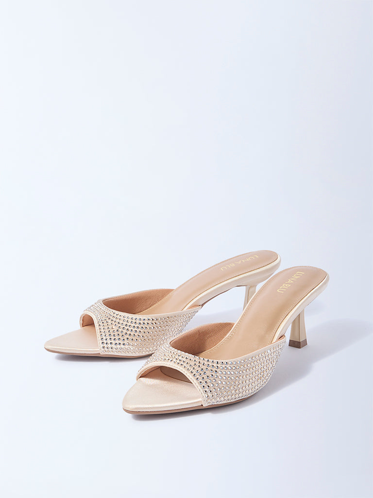 LUNA BLU Light Gold Diamante Embellished Heel Sandals