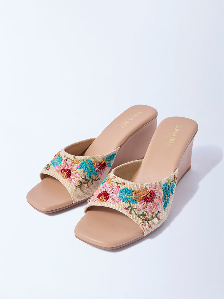 LUNA BLU Beige Floral Embroidered Wedge Heel Sandals