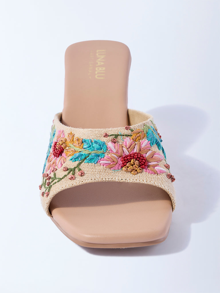 LUNA BLU Beige Floral Embroidered Wedge Heel Sandals