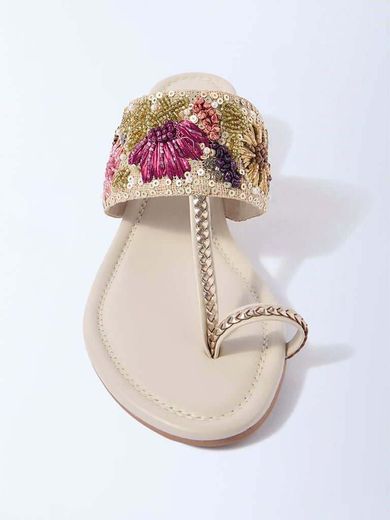 LUNA BLU Ivory Embellished Wedge-Heel Kolhapuri Sandals