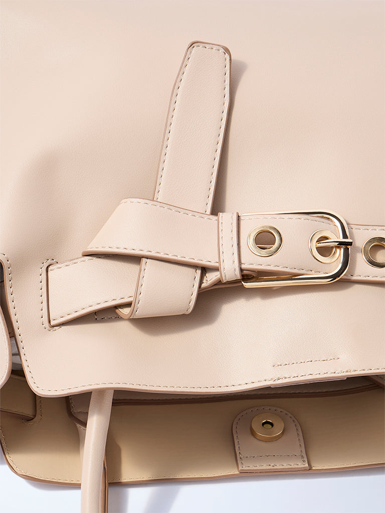 Westside Beige Buckle-Detailed Tote Bag