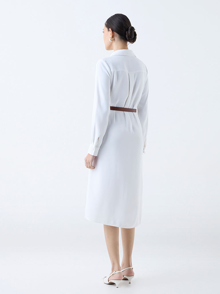 Wardrobe White Solid Shirt Dress with Belt