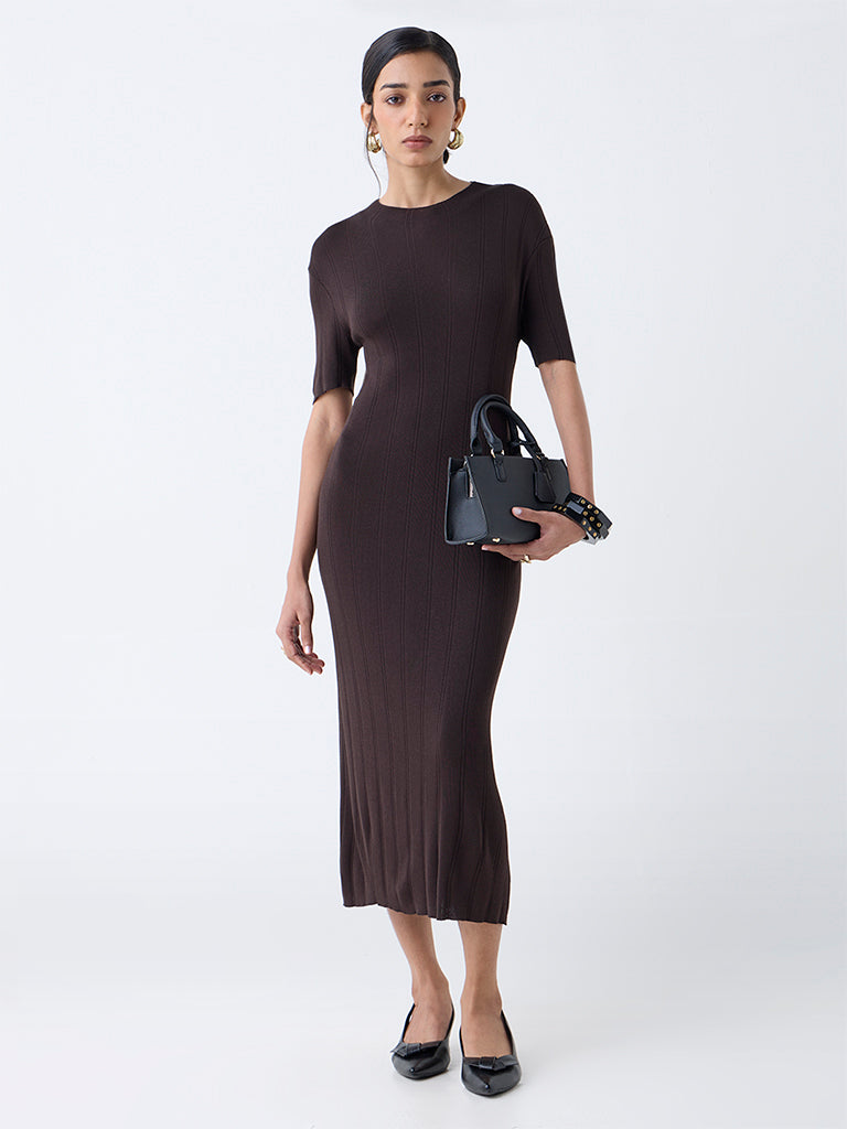 Wardrobe Dark Brown Knitted Bodycon Dress