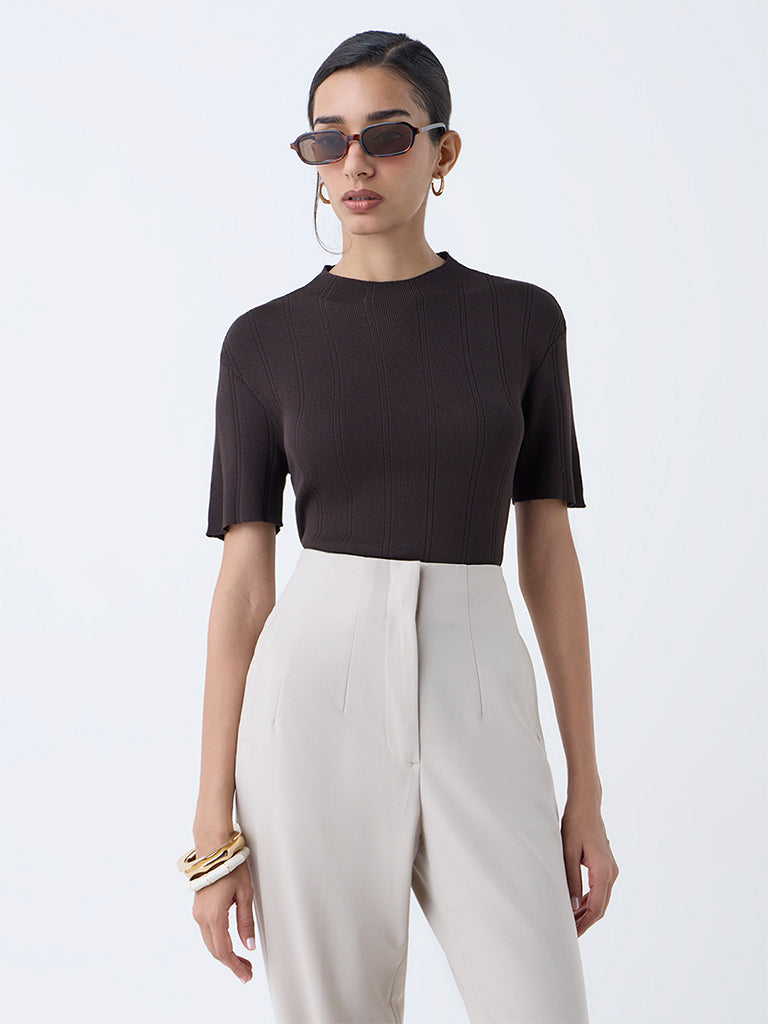 Wardrobe Dark Brown Knit-Textured Top