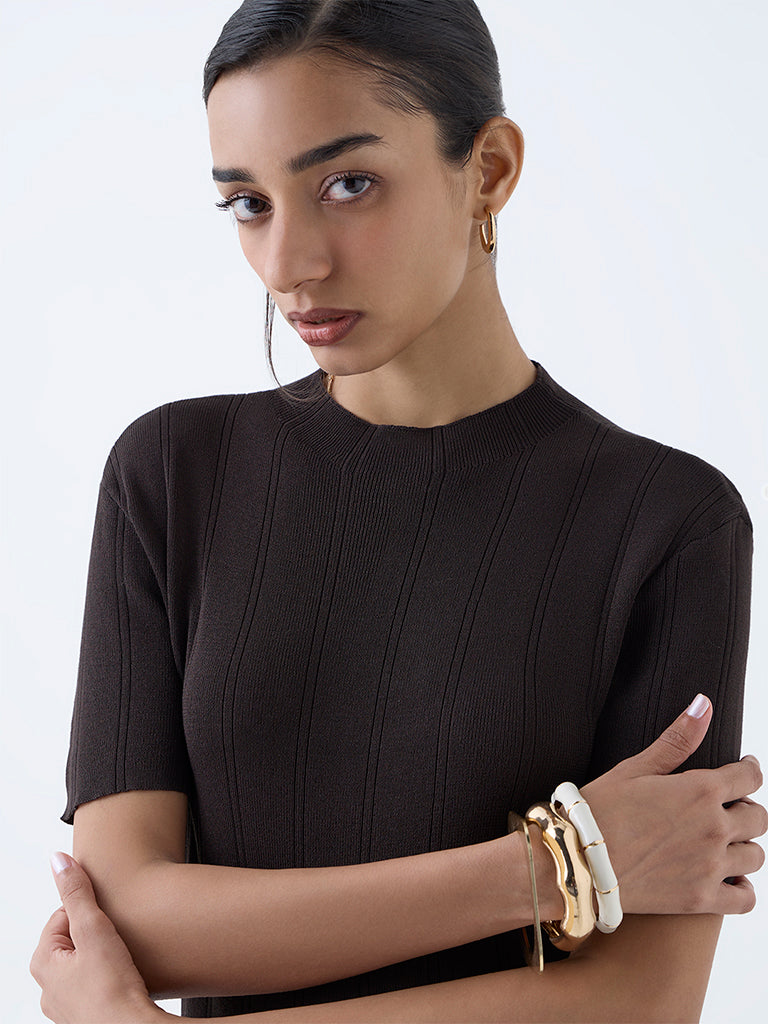 Wardrobe Dark Brown Knit-Textured Top