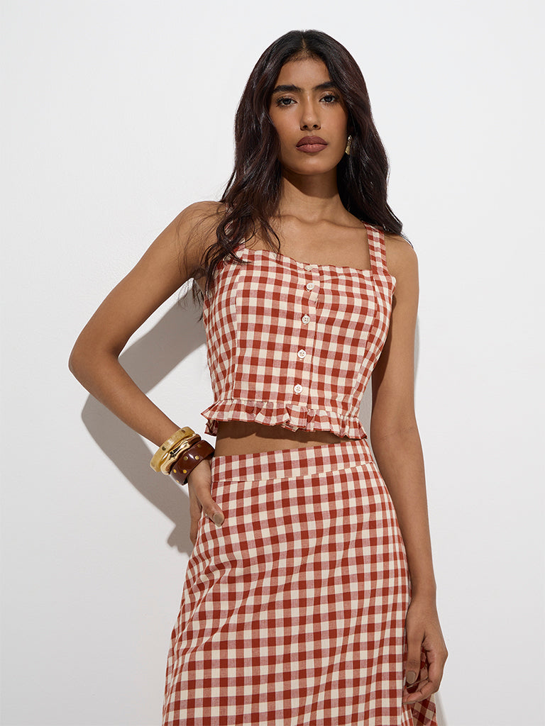 Westside LOV Women's Rust Gingham Checkered Cotton Top for Casual Wear Front View
