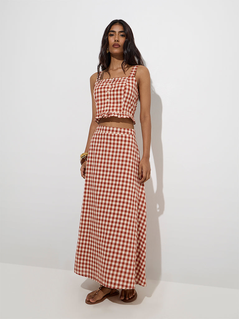 Westside LOV Women's Rust Gingham Checkered Cotton Top for Casual Wear Flatly View