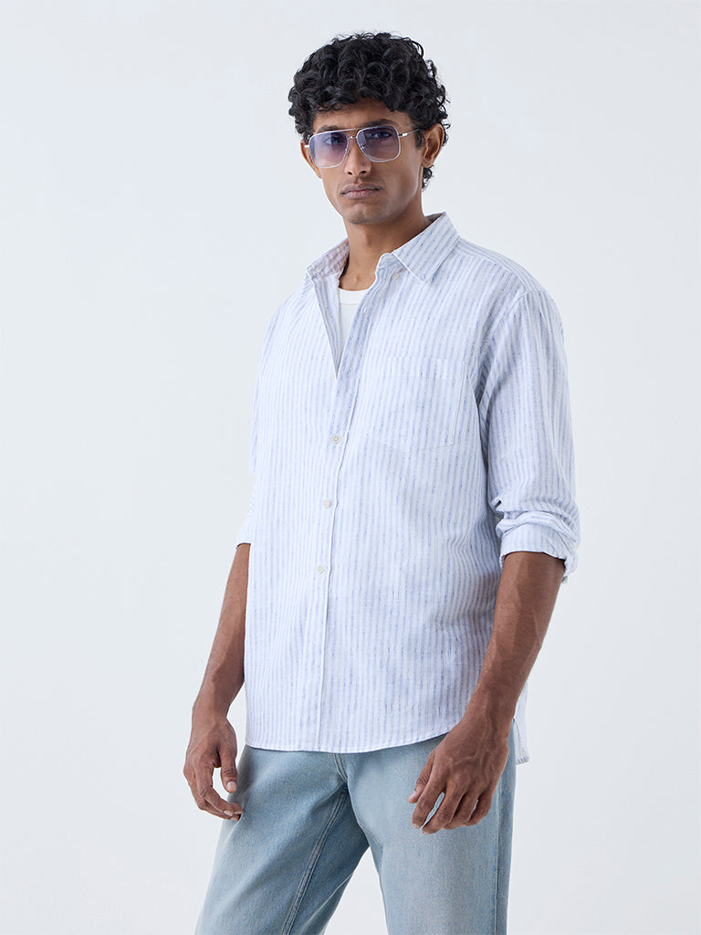WES Casuals Blue Striped Relaxed-Fit Cotton-Blend Shirt
