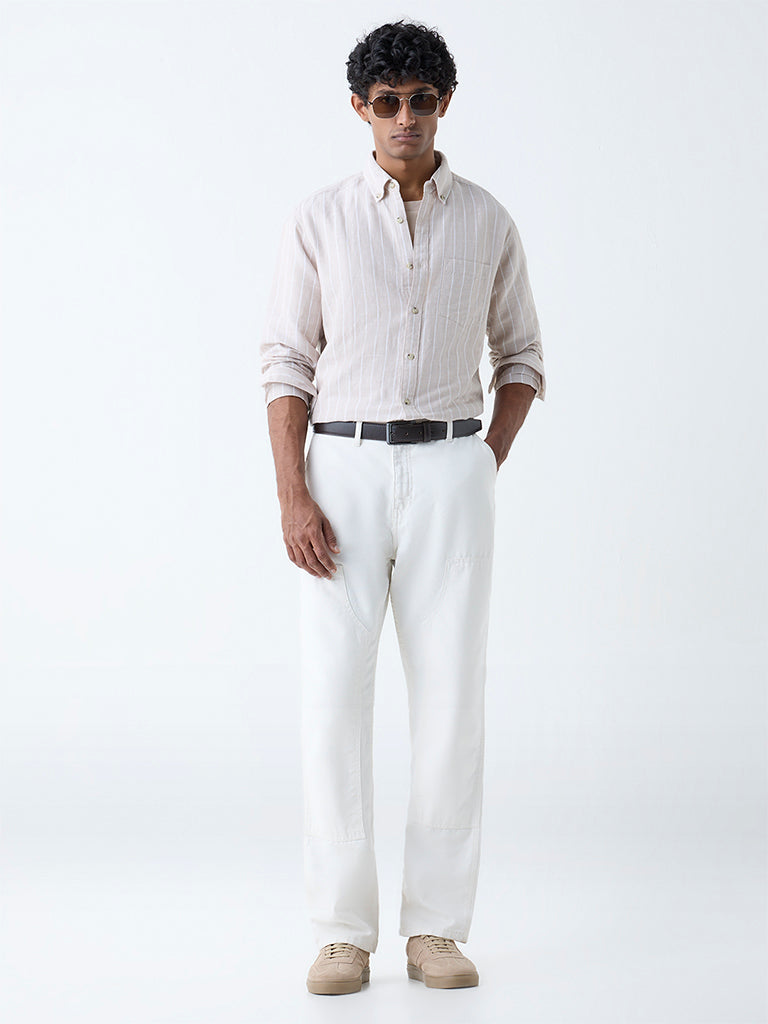 WES Casuals Beige Striped Relaxed-Fit Cotton-Blend Shirt