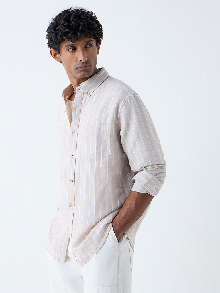 WES Casuals Beige Striped Relaxed-Fit Cotton-Blend Shirt