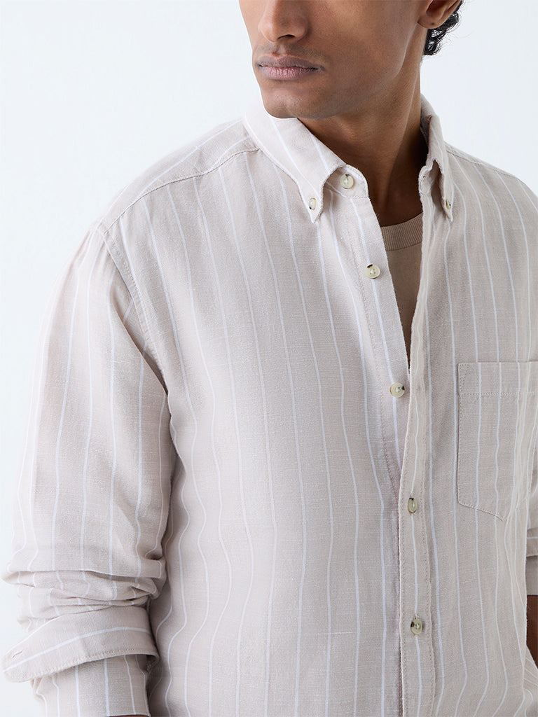 WES Casuals Beige Striped Relaxed-Fit Cotton-Blend Shirt
