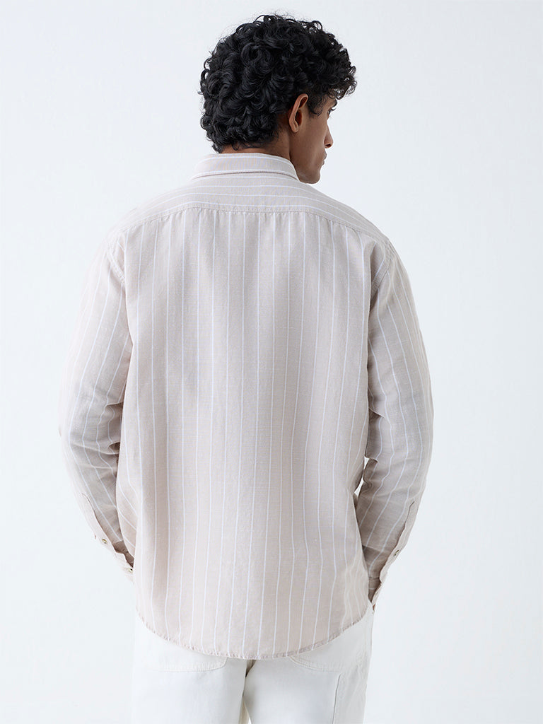 WES Casuals Beige Striped Relaxed-Fit Cotton-Blend Shirt