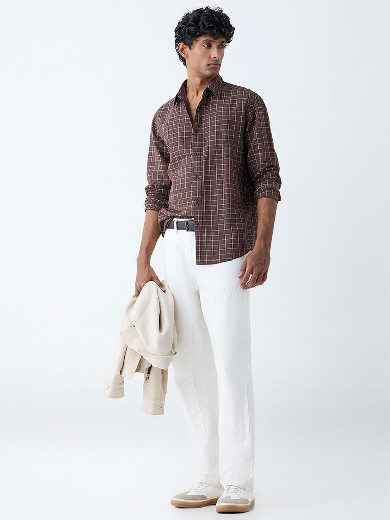 WES Casuals Brown Checkered Relaxed-Fit Cotton-Blend Shirt