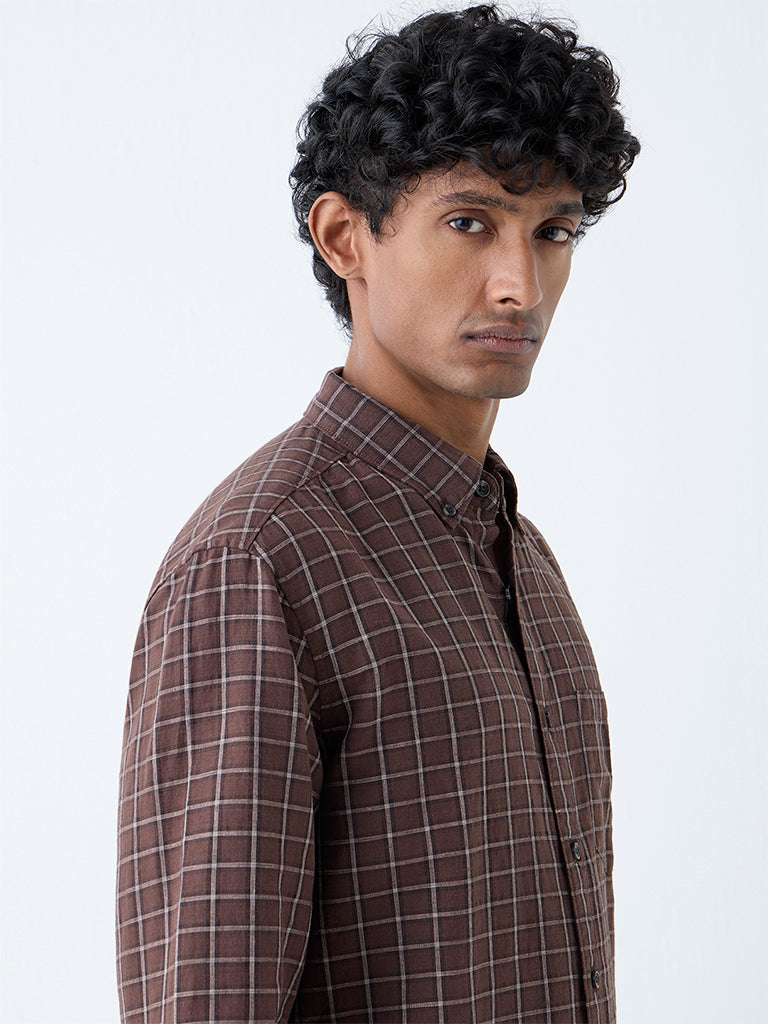 WES Casuals Brown Checkered Relaxed-Fit Cotton-Blend Shirt