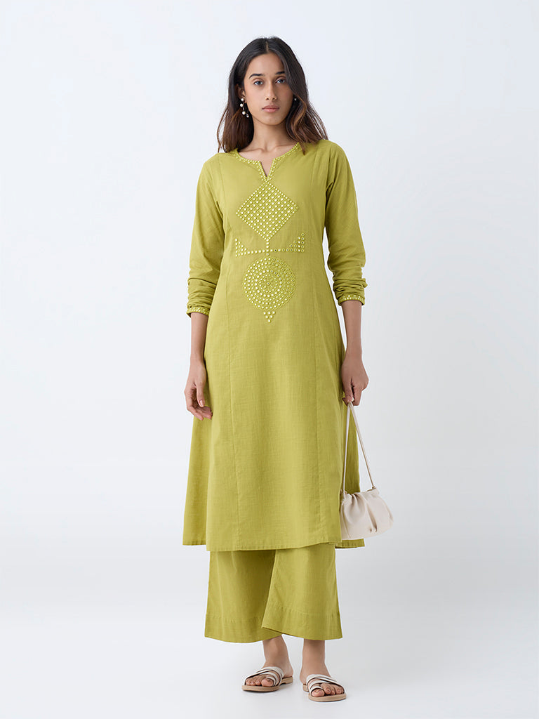 Utsa Lime Mirror Embroidered A-Line Cotton Kurta