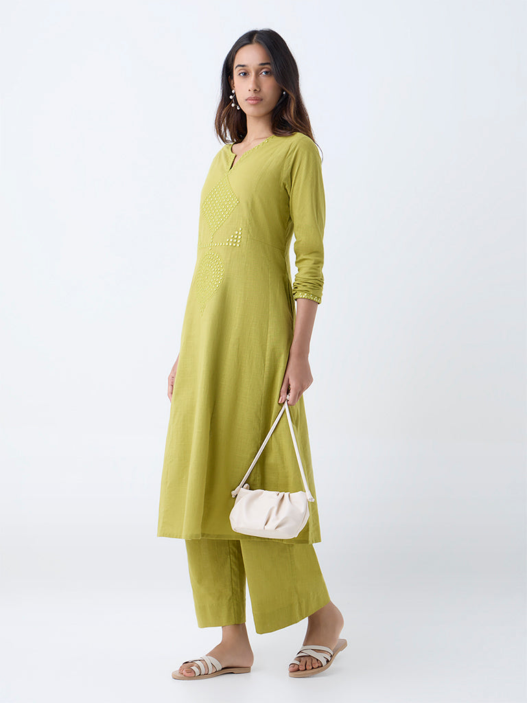 Utsa Lime Mirror Embroidered A-Line Cotton Kurta
