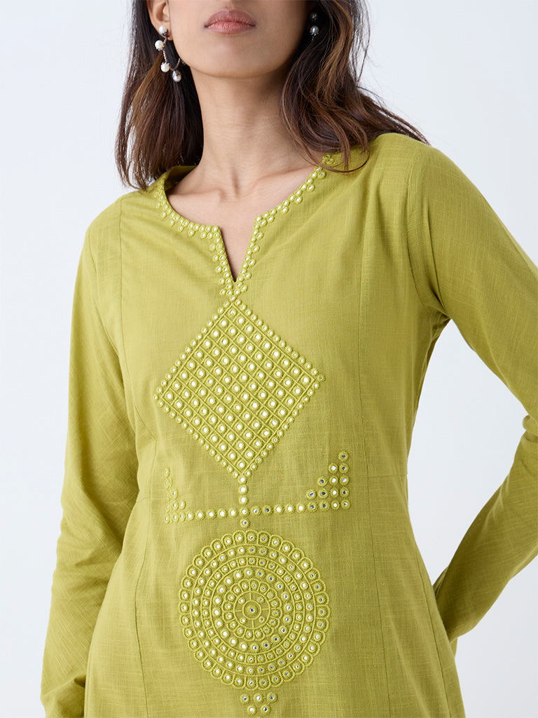 Utsa Lime Mirror Embroidered A-Line Cotton Kurta
